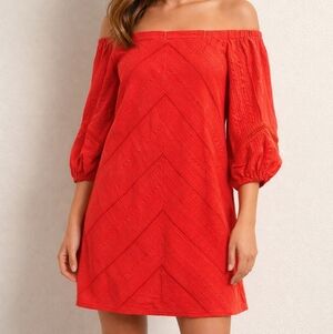 NWT SZ M New York & Company Vibrant Red Off-the-Shoulder 💯 Cotton Lace Dress